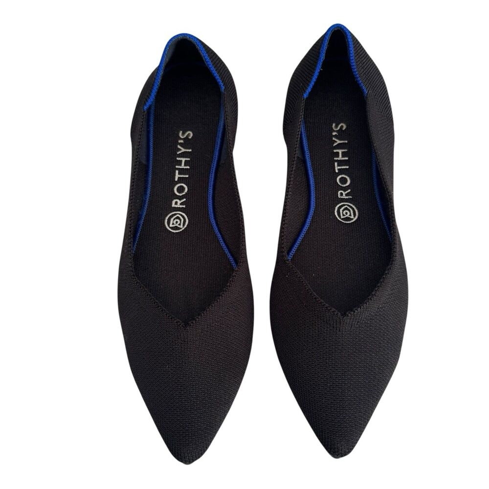 Rothy's Women's Black Pointed Slip-On Flats with Blue Trim